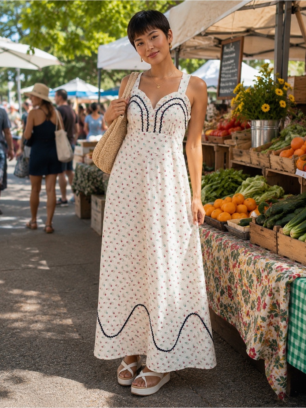 Women’s White Floral Maxi Dress with Navy Trim